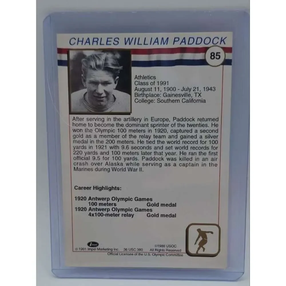 1991 Impel U.S. Olympic Hall of Fame #85 Charles Paddock Card